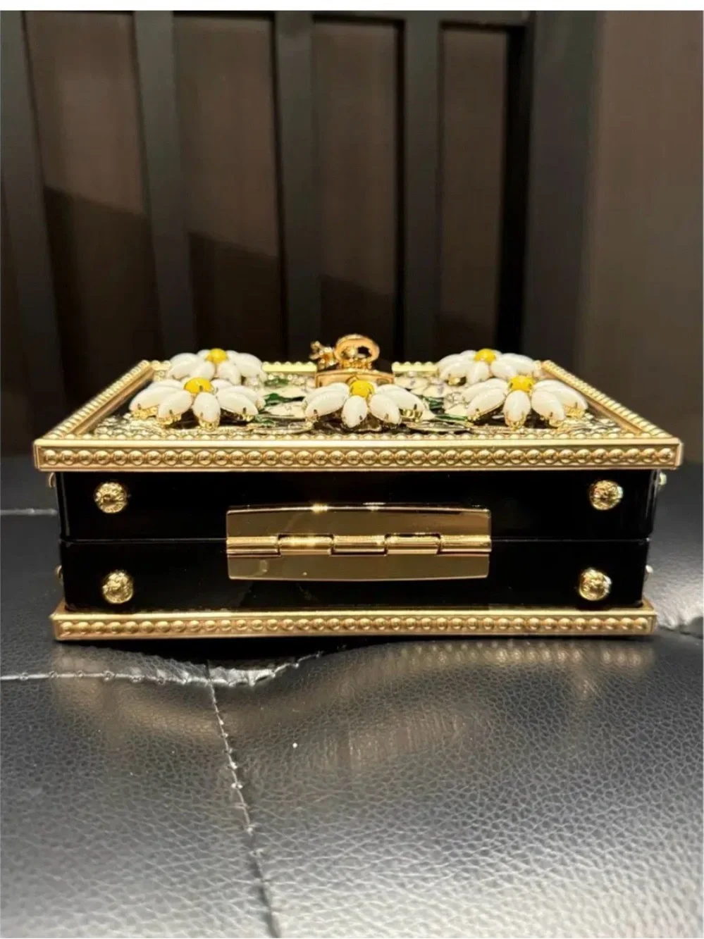Dolce & Gabbana Gold Floral Daisy Box Clutch - Black/White/Yellow